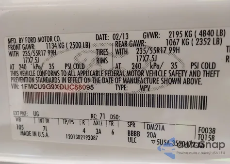 2013 Ford Escape Se z USA, uszkodzony, nr VIN 1FMCU9G9XDUC88095